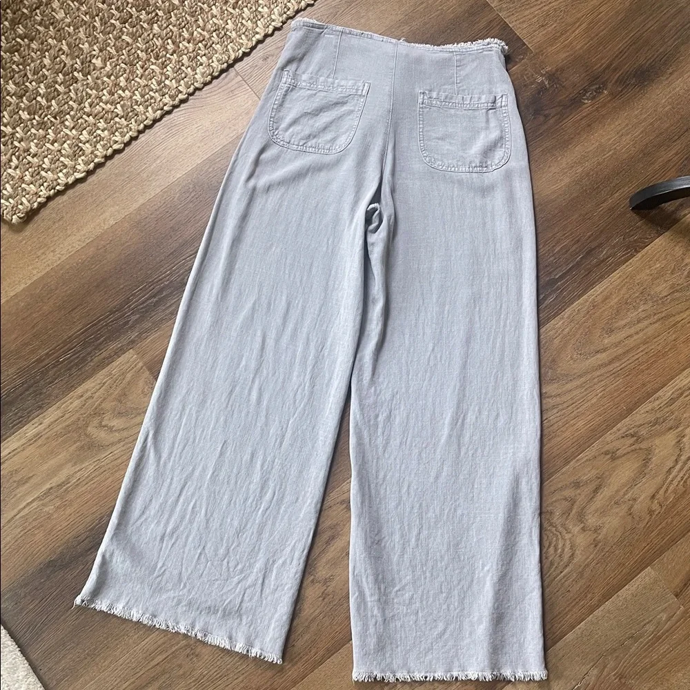 H&M Divided Light Gray Linen Blend Frayed-Hem Wide Leg Pants Back Pockets Size 6